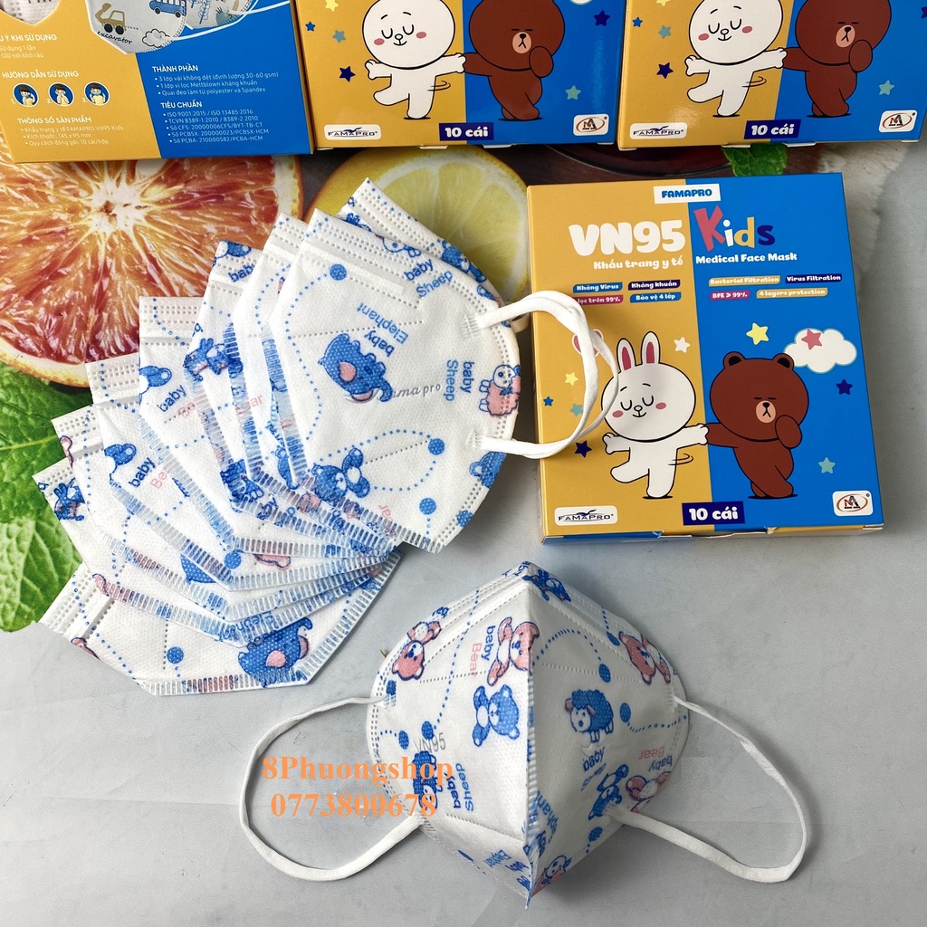 Khẩu trang FAMAPRO VN95 KIDS cho Bé in hình 4 lớp kháng khuẩn 10 cái / hộp