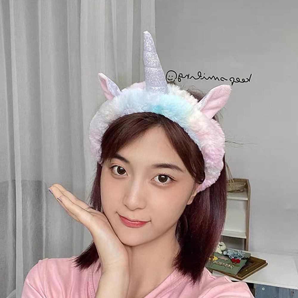 ANEMONE Băng Đô Cài Tóc Rửa Mặt Bằng Vải Lông Cừu San Hô Bản Rộng Co Giãn Hình Kỳ Lân Vui Nhộn Cho