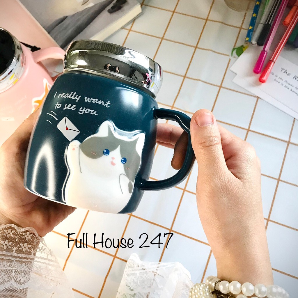 Cốc gốm sứ giữ nhiệt 450ml hình cute Cốc uống trà để bàn làm việc hàng sứ nung cao cấp