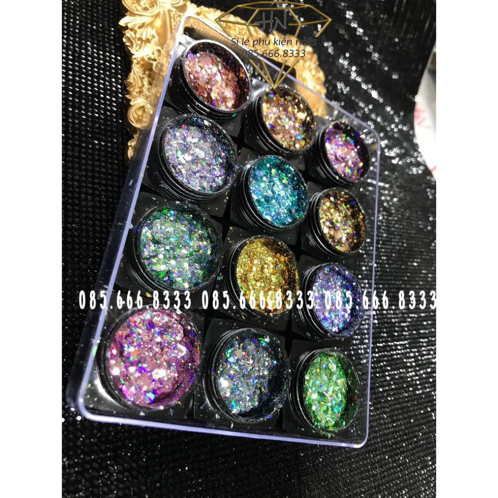Set nhũ 12 màu siêu sáng, set nhũ trang trí móng cao cấp, phụ kiện nail chính hãng
