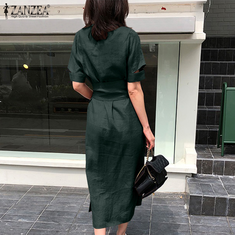 Đầm ZANZEA Cổ Tròn Tay Ngắn Cotton Trơn Cột Dây Xẻ Tà