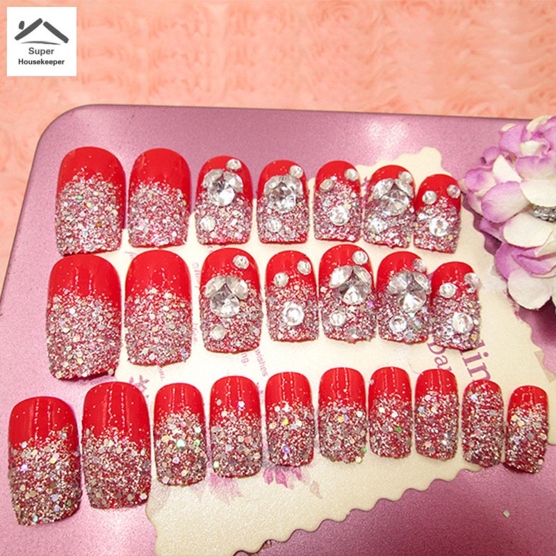 Set 24 móng tay giả màu đỏ đính đá 3D thời trang cho nữ