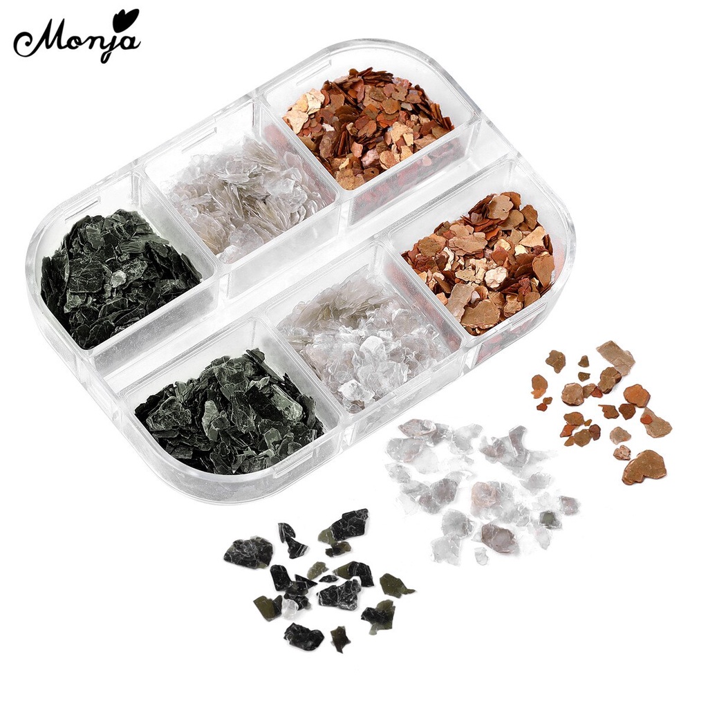 MONJA Hộp 6 ngăn đựng hạt phụ kiện 3D lấp lánh trang trí móng tay