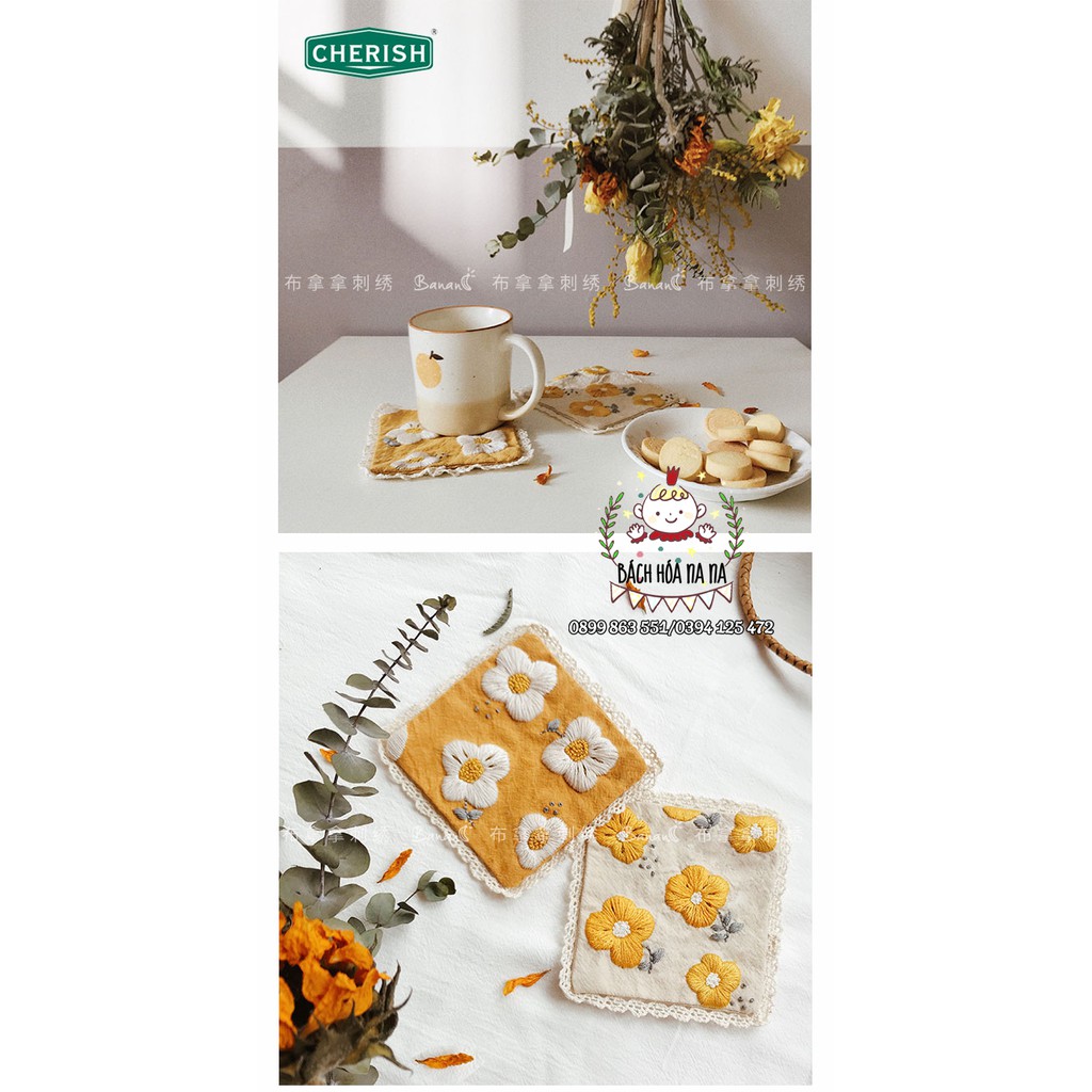 Khăn Tay Vải Cotton Phối Ren Thêu Họa Tiết Kiểu Vintage Dễ Thương Cho Nữ-DIY Gói nguyên liệu thêu khăn tay HOA CỎ-NA NA