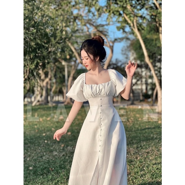 Đầm midi trắng cổ vuông nhún ngực nút bọc tay phồng (về thêm xanh, đỏ, nude, cam) | BigBuy360 - bigbuy360.vn