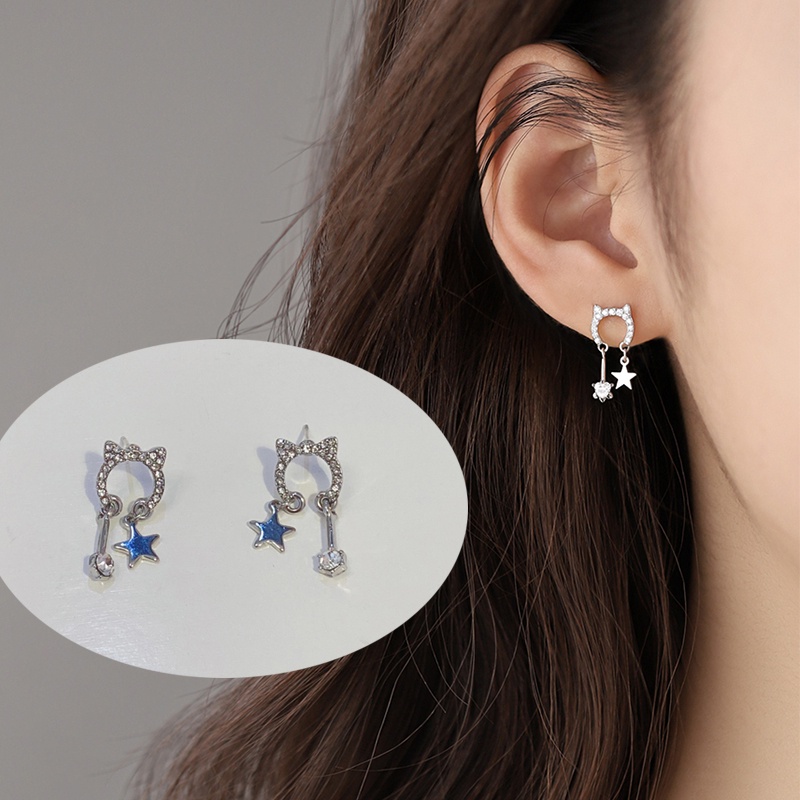 Hoa tai dáng dài mặt hình chú mèo dễ thương cho nữ
