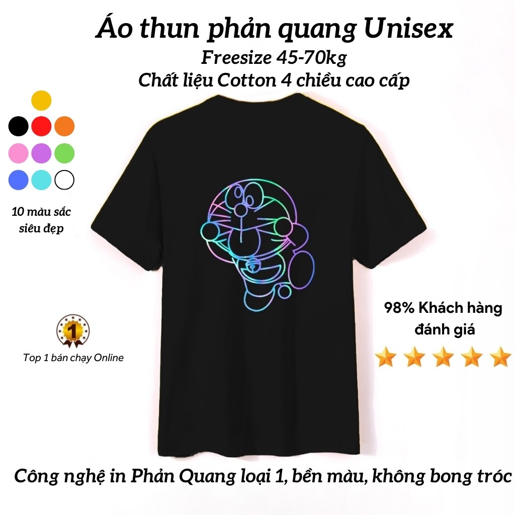 Áo Thun tay lỡ Phản Quang Doremon form rộng unisex Cotton freesize cho nam nữ PQ16