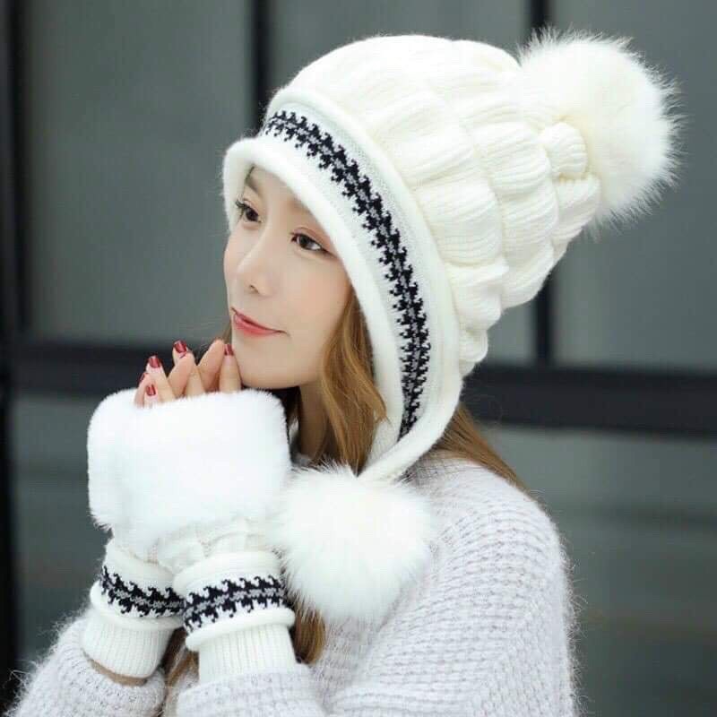 Mũ len nữ kèm găng tay siêu ấm