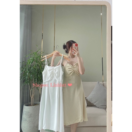 Đầm 2 dây nhún ngực BASIC chất liệu đũi mềm mát váy hai dây dáng dài xoè nhẹ váy 2 dây basic nhúng ngực Linh Htt