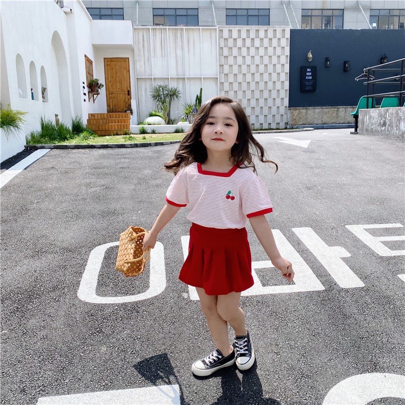 Áo cổ vuông in hình quả cherry và váy quần xếp ly LINVY dễ thương cho bé