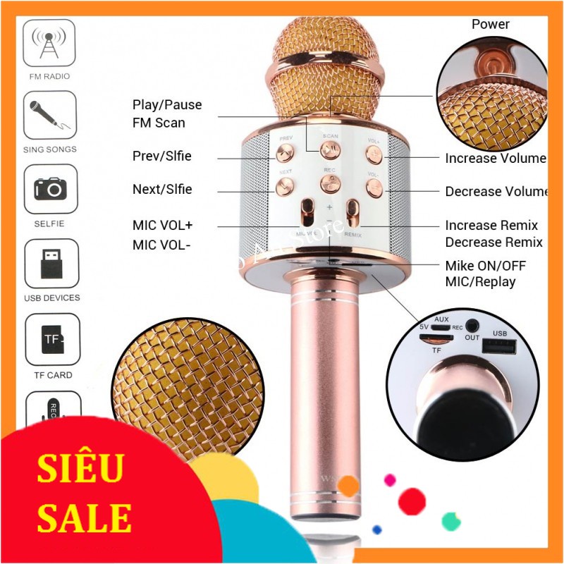 Micro Karaoke Kiêm Loa Bluetooth WS - 858 Tiện Dụng Chất Lượng Cao |Vinet