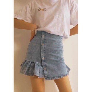 (SẴN) Chân váy denim lưng cao xếp li