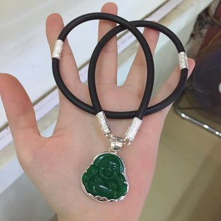 dây da, mặt phật Di Lặc bọc bạc màu xanh lục