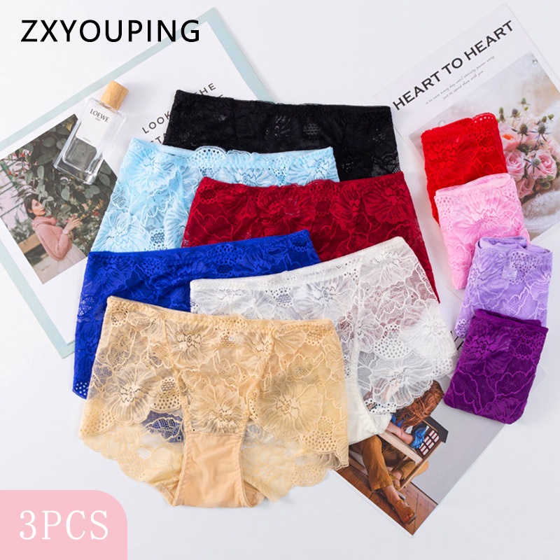 Set 3 quần lót Zxyouping vải ren xuyên thấu lưng cao size L-XL quyến rũ cho nữ
