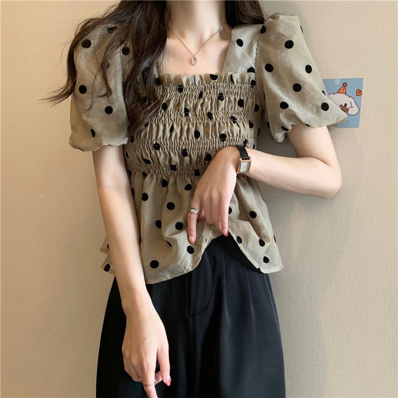 Áo Ngắn Tay Phồng Cổ Vuông Họa Tiết Chấm Bi Thời Trang Cho Nữ
