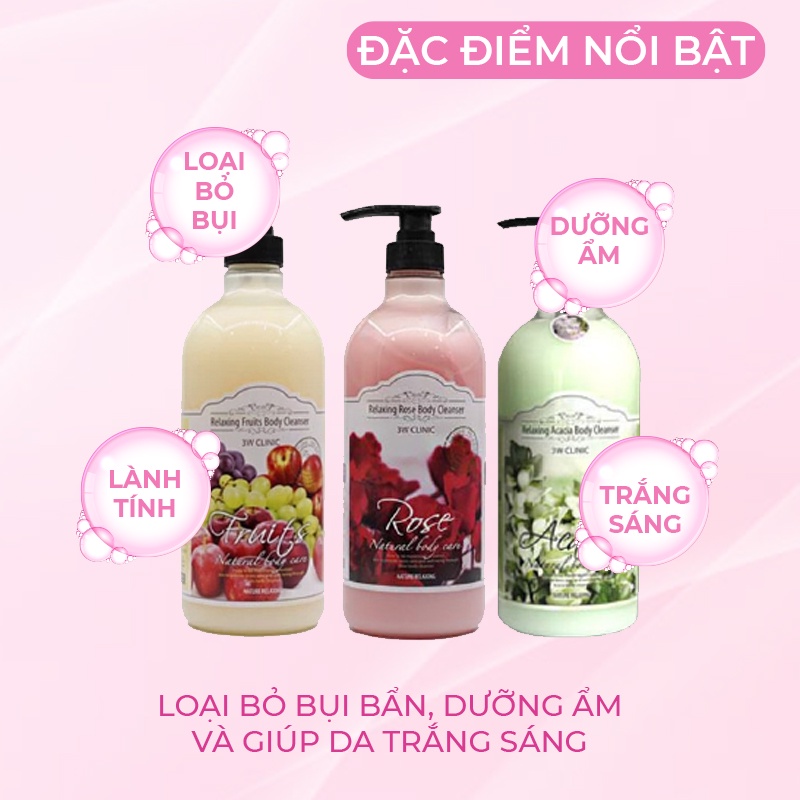 Sữa tắm dưỡng ẩm trắng da 3W Clinic Hàn Quốc cao cấp chiết xuất từ thiên nhiên 1000ml giúp da sạch khuẩn,trắng da