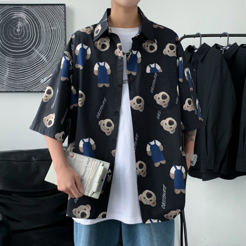 Áo sơ mi nam nữ đều mặc được kiểu tay lỡ form rộng Unisex in hình Gấu Bông set yếm mẫu hot