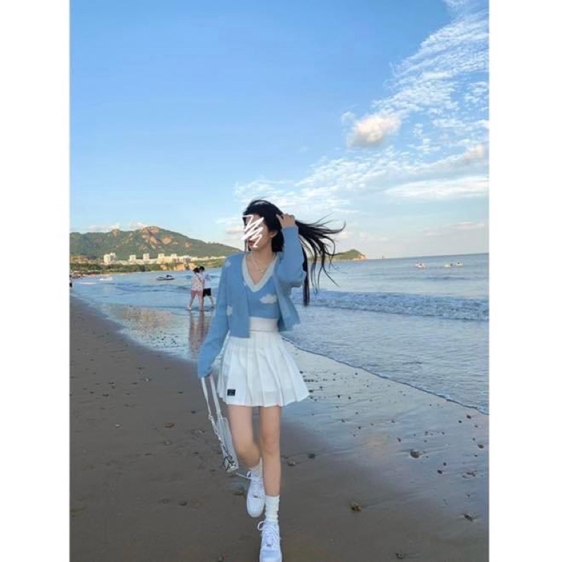 Set áo ba lỗ croptop len in hình mây kèm áo khoác cardigan len tay dài - Order taobao quảng châu