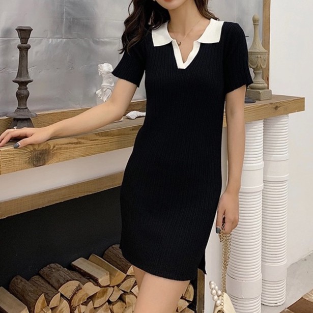 Đầm polo thun dệt dáng ôm cổ trắng - D738 | BigBuy360 - bigbuy360.vn