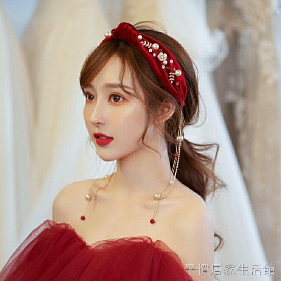 Băng đô vải nhung mềm mại màu đỏ rượu dành cho cô dâu