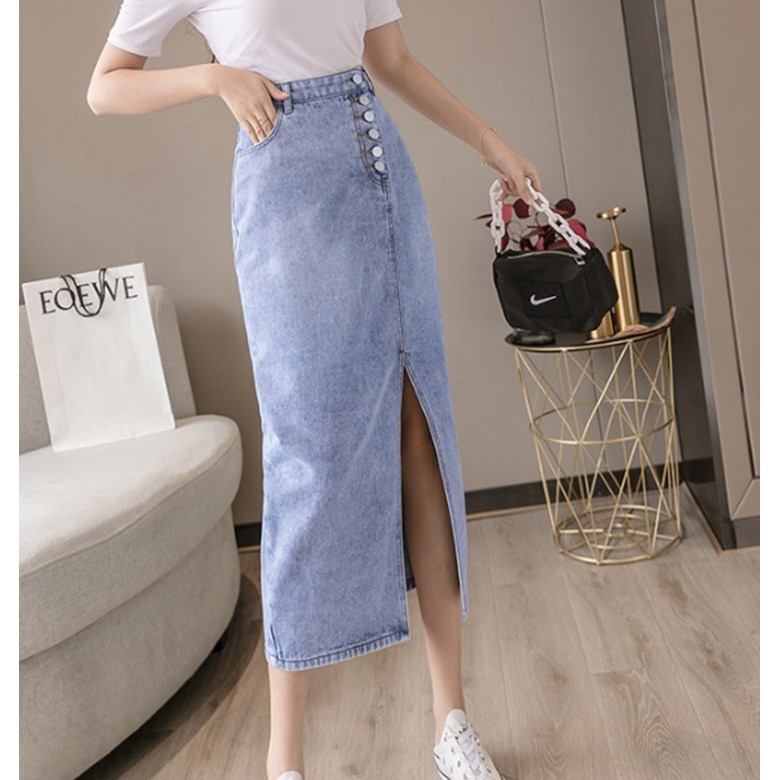 [CHẤT LƯỢNG] Chân váy jean dài nút lệch xẻ tà C125 dáng dài, vải jeans không co dãn, sành điệu
