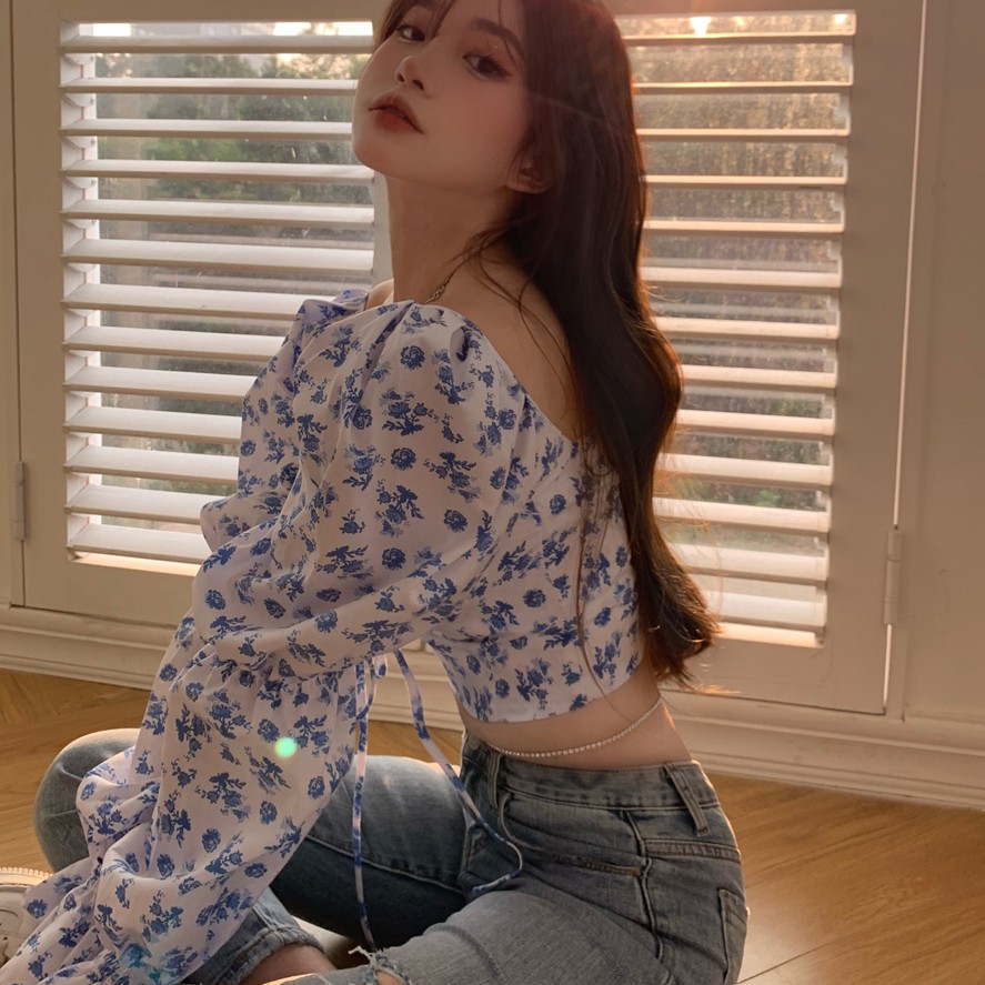 ÁO CROP-TOP HOA CỔ VUÔNG NỮ TAY PHỒNG ULZZANG SIÊU HOT