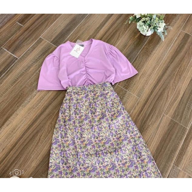 PA Set trang phục áo thun tím nhún ngực tay ngắn + chân váy maxi hoa nhí (kèm ảnh thật)