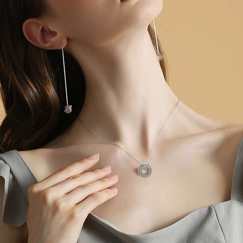 PANDORA Vòng cổ Bạc 925 Mặt Tròn Đính Đá Cz Thời Trang Cho Nữ