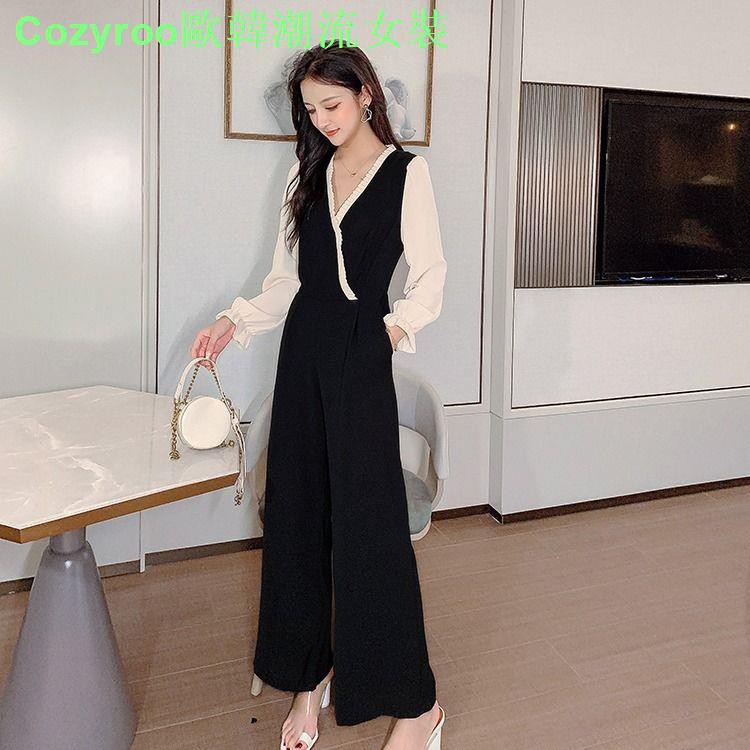 Jumpsuit Ống Rộng Phối Màu Tương Phản Thời Trang Mùa Thu Cho Nữ