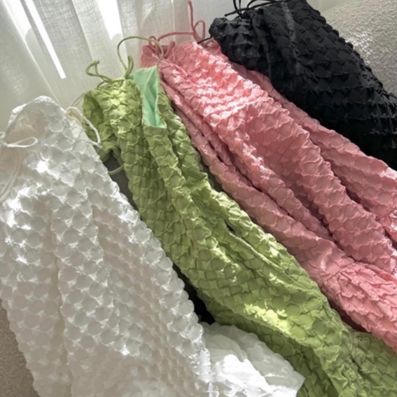 [Hàng sẵn] Đầm babydoll 2 dây nơ vai chất xốp nổi màu xanh bơ trắng hồng [kèm ảnh thật]