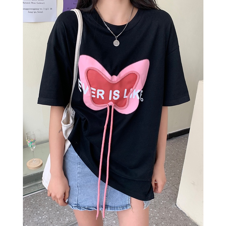 Áo Thun Tay Ngắn Dáng Rộng Cột Nơ In Họa Tiết Xinh Xắn Phong Cách Hàn Quốc Thời Trang Cho Nữ