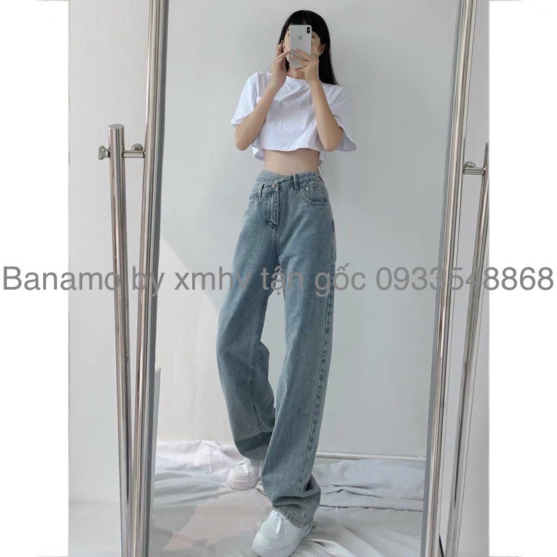 Quần JEAN ống rộng dáng suông cạp cá tính chất đẹp thời trang Banamo Fashion 967 9611