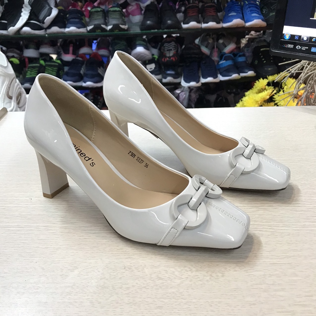 Giầy Cao Gót Nữ Da Bóng Hàng QCCC Gót Cao 7cm Da Thật