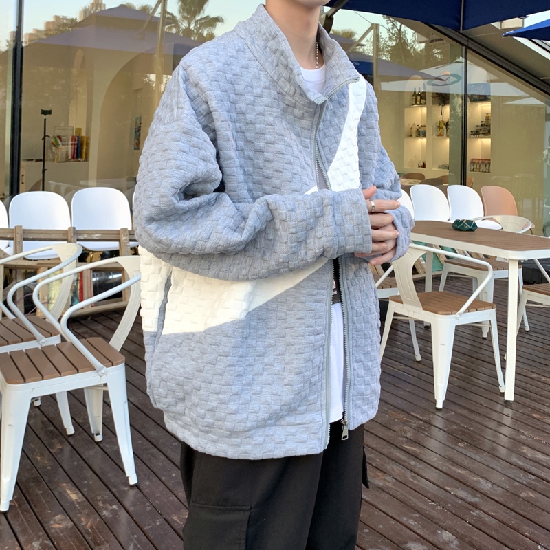Áo khoác cardigan len cổ đứng dáng rộng phối khóa kéo phong cách đường phố Hàn Quốc cá tính dành cho nam