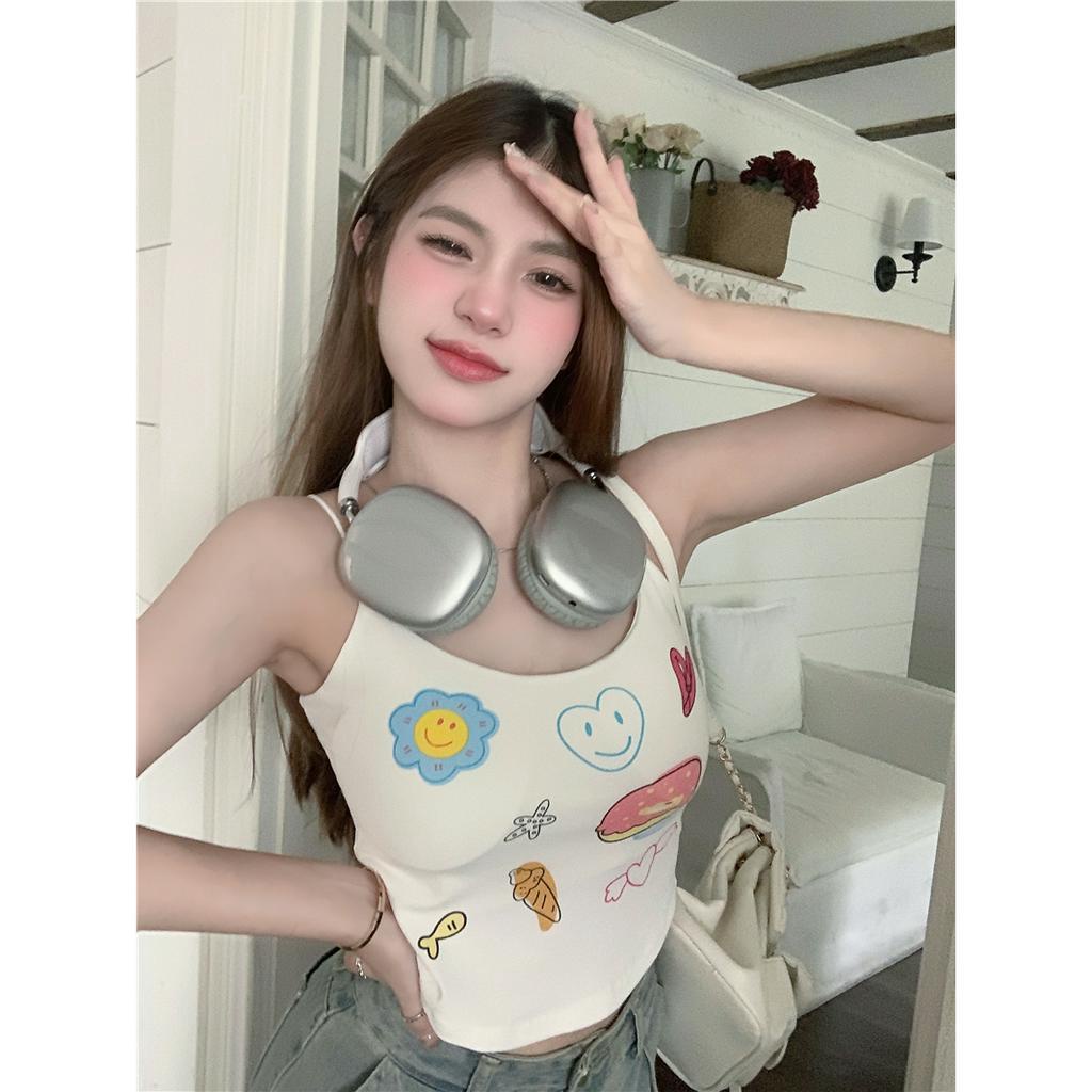 Lalisas Áo crop top Hai Dây Có Đệm Ngực In Hình Cô Gái Sweet Spice Vui Nhộn Màu Trắng