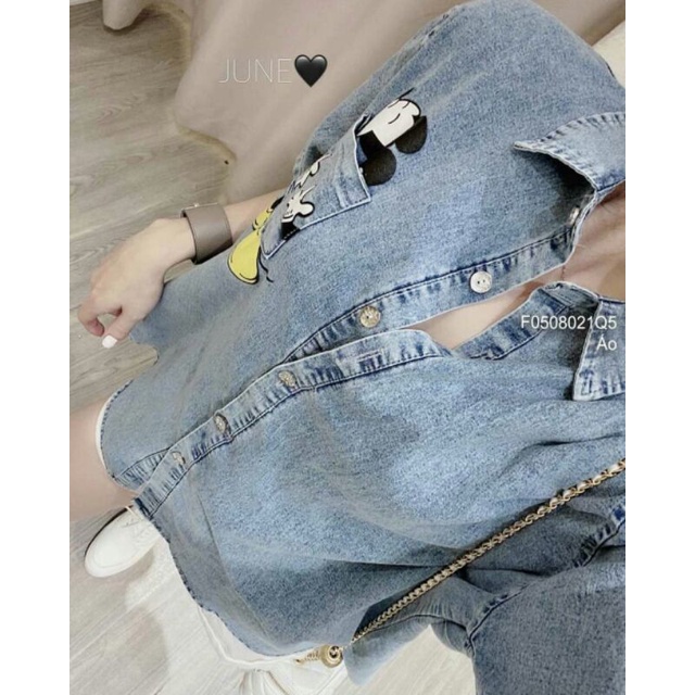 Áo sơ mi jean một túi in hình mickei tay ngắn hàng QC!K100% ảnh tự chụp, no fake