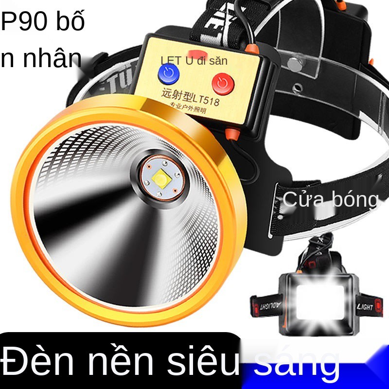 Đèn pha LED lõi tứ P90 ánh sáng mạnh có thể sạc lại câu cá ngoài trời đánh ban đêm vàng thợ mỏ gắn đầu thoát