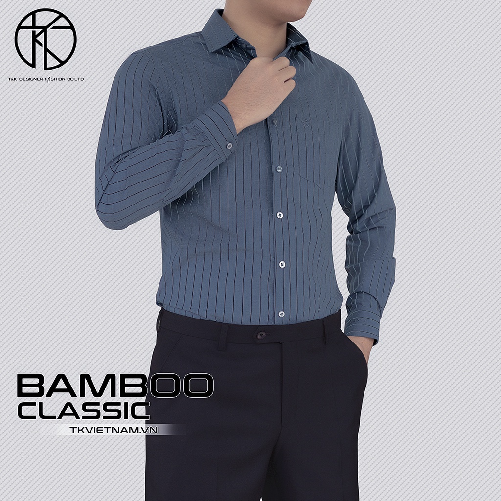 Áo sơ mi nam màu đen sọc trắng, dài tay, công sở SM. 04 Chất liệu sợi tre BAMBOO Chính hãng TkVietnam (Hàng cao cấp)