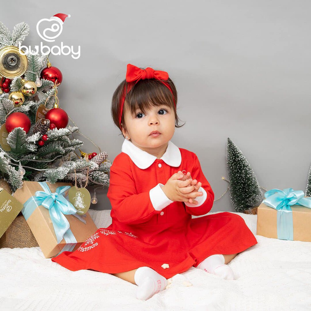 [Merry Christmas] Váy jingle đỏ kèm băng đô cotton sợi tre cao cấp bé gái BU
