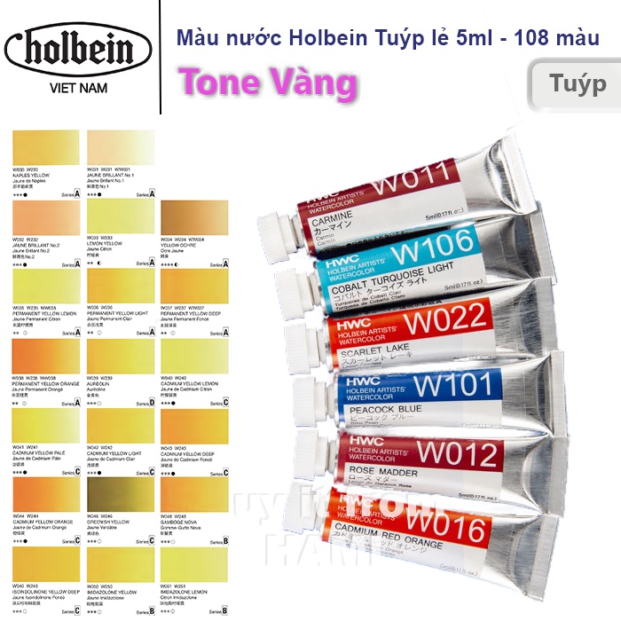 Màu nước Holbein Artist Watercolor Nhật Bản - Tuýp lẻ 5ml - Bảng màu Vàng