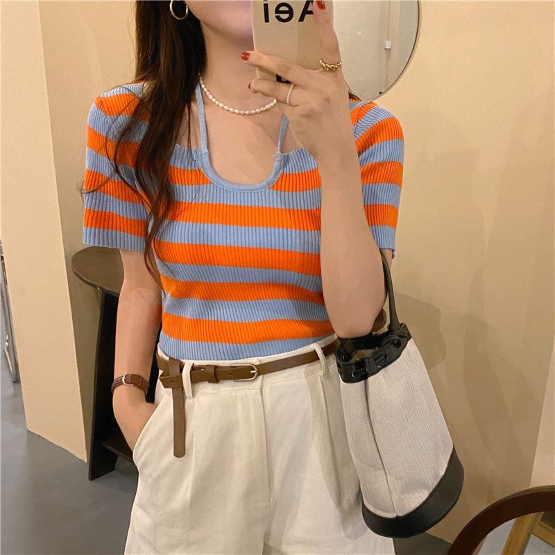 Áo Thun Dệt Kim Dáng Ngắn Phối Dây Buộc Cổ Dễ Phối Đồ