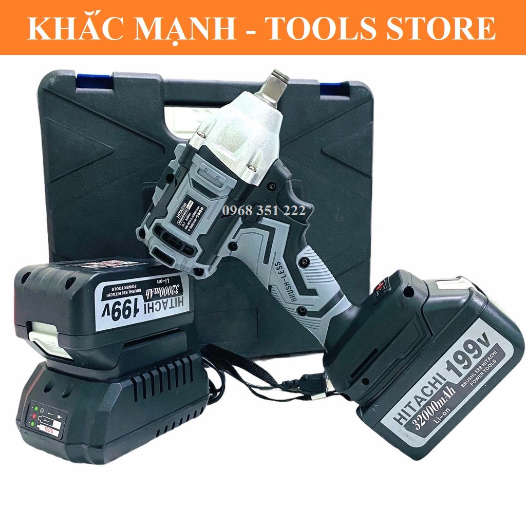 [ Tặng Phụ Kiện ] Máy Siết Bulong HITACHI 199v Loại Chống Va Đập, Tặng Bộ Phụ Kiện Đầy Đủ Như Hình.