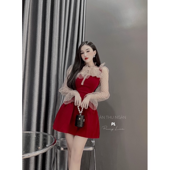 Váy nhung phối ren chấm bi