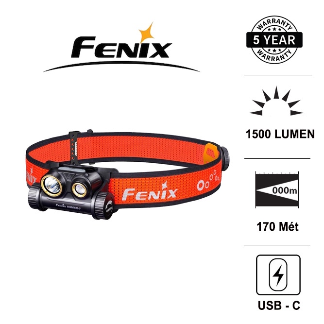 Đèn pin đeo đầu Fenix HM65R-T Black độ sáng 1500 lumens chiếu xa 170 mét sạc USB-C pin 18650 kèm theo