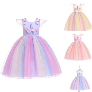 Đầm xòe vải lưới thiết kế kỳ lân hoạt hình phong cách công chúa dành cho bé gái