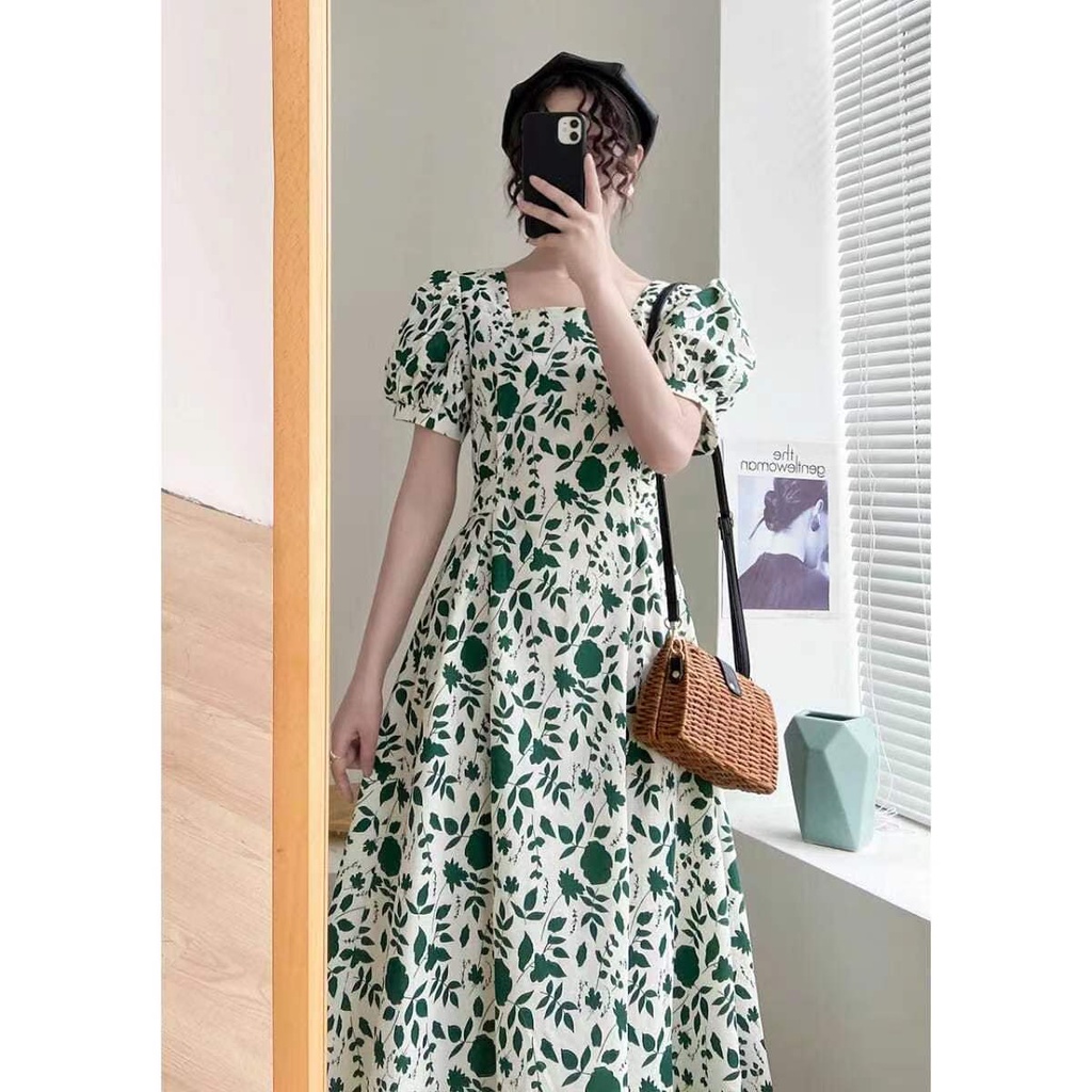 Đầm hoa PERTY tay phồng cột dây eo phong cách Hàn Quốc thời trang cho nữ