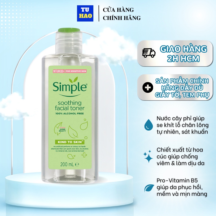 Nước Hoa Hồng Simple Cân Bằng Da Dịu Nhẹ Kind To Skin Soothing Toner 200ml - Từ Hảo