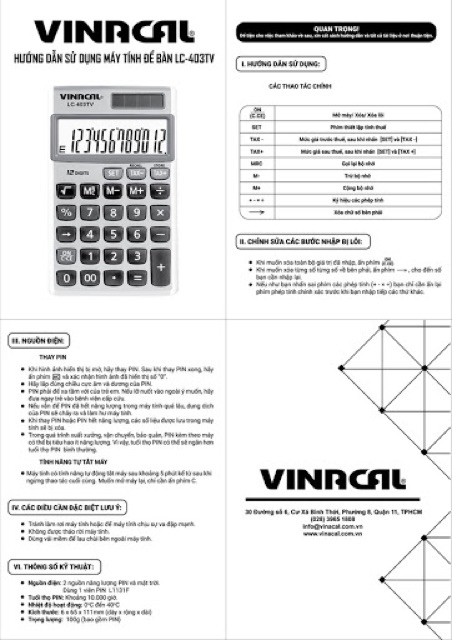 Máy Tính Bỏ Túi Vinacal LC403TV Chính Hãng