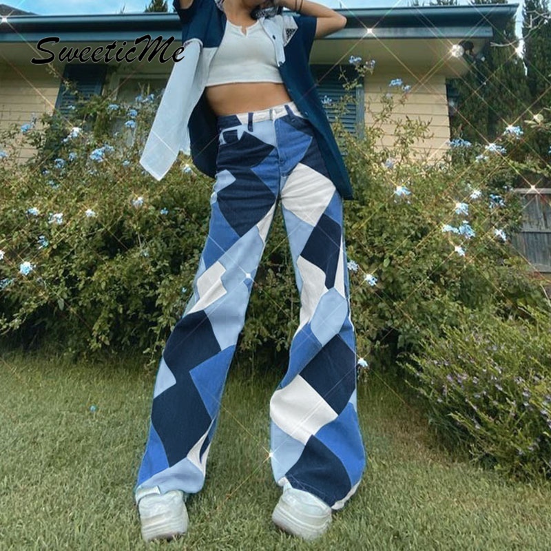 Quần Jeans Lưng Cao In Họa Tiết Kim Cương Tương Phản Cho Nữ