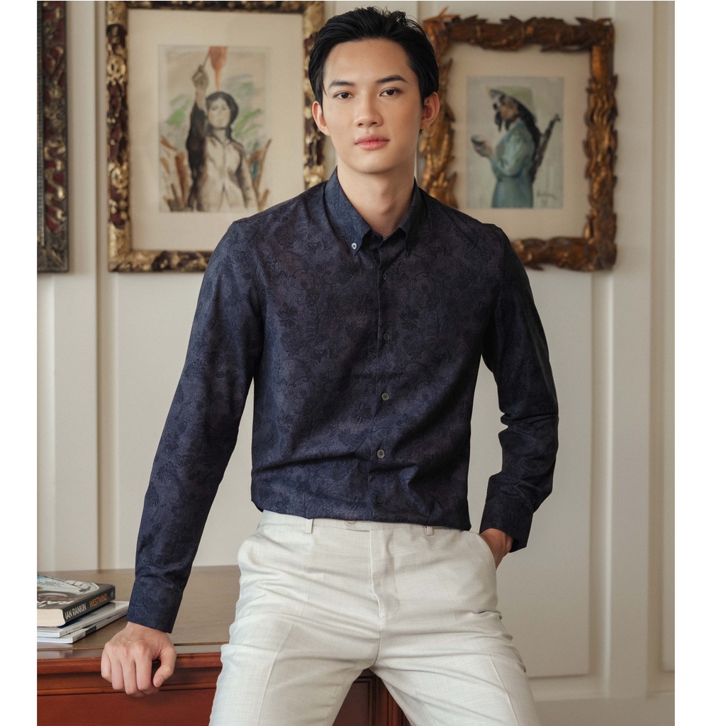 Áo Sơ Mi Nam Dài Tay SEVENUOMO Form Dáng Hàn Quốc, Không Nhăn, Vải Mịn Mát Form Vừa Họa Tiết hoa văn HT44